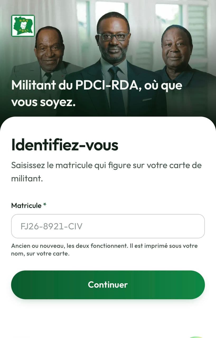 L’écran d’identification de l’espace militant sur un téléphone : le matricule, puis le bouton Continuer.