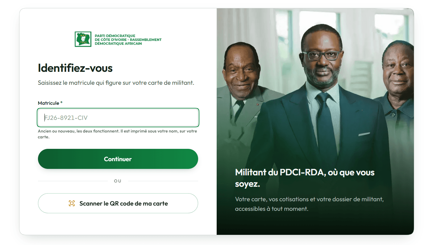 Le même écran d’identification sur une tablette : le formulaire à gauche, la photographie du parti à droite.